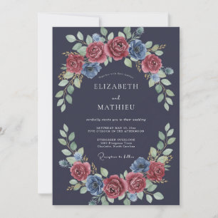Invitation Mariage Floral Romantique Bleu Marine