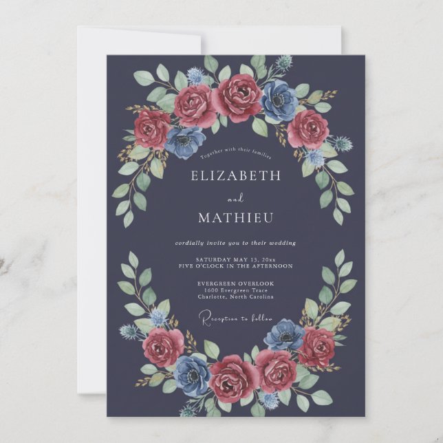 Invitation Mariage Floral Romantique Bleu Marine (Devant)
