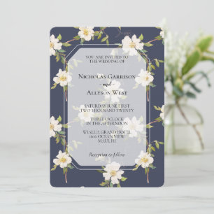 Invitation Mariage floral romantique bleu marine blanc