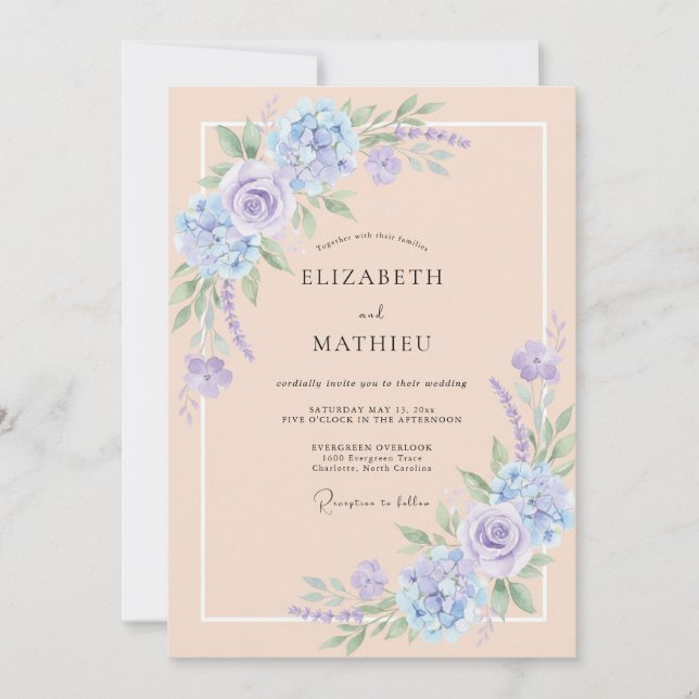Invitation Mariage Floral Romantique Bleu Pâle (Devant)