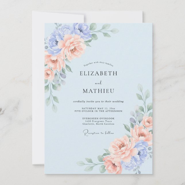 Invitation Mariage Floral Romantique Bleu Pastel (Devant)