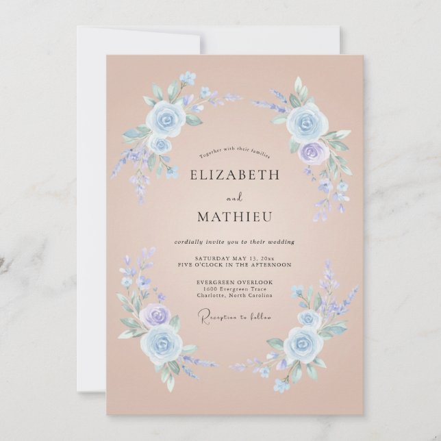 Invitation Mariage Floral Romantique Bleu Poudre (Devant)