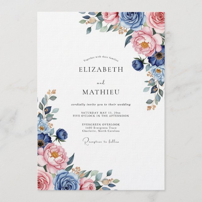 Invitation Mariage Floral Romantique Bleu Poussiéreux (Devant)