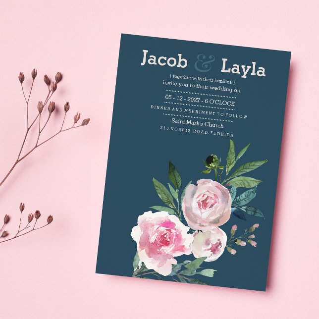 Invitation Mariage floral romantique bleu rose pâle rose (Romantic dusty blue pink peony floral wedding)