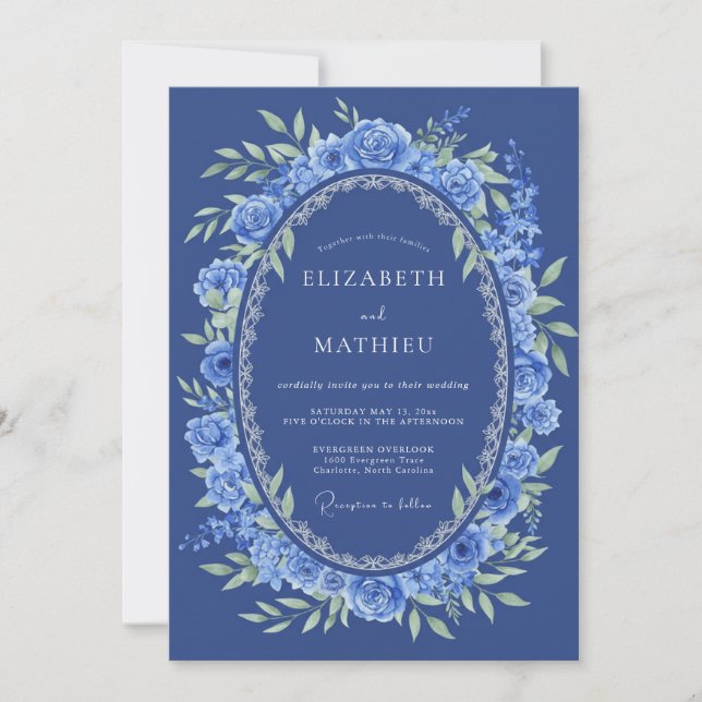 Invitation Mariage Floral Romantique Bleu Royal (Devant)