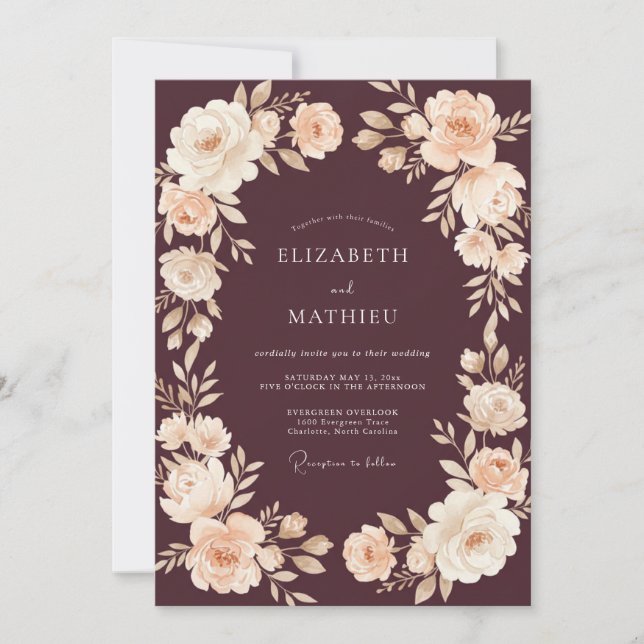 Invitation Mariage Floral Romantique Bordeaux (Devant)