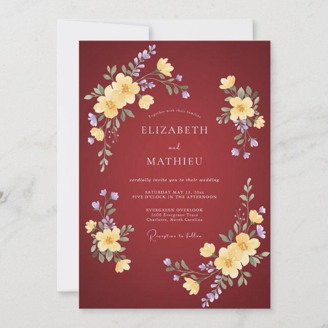 Invitation Mariage Floral Romantique Bourgogne Jaune (Devant)