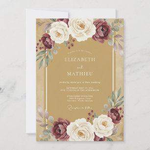 Invitation Mariage Floral Romantique Bourgogne Ocre
