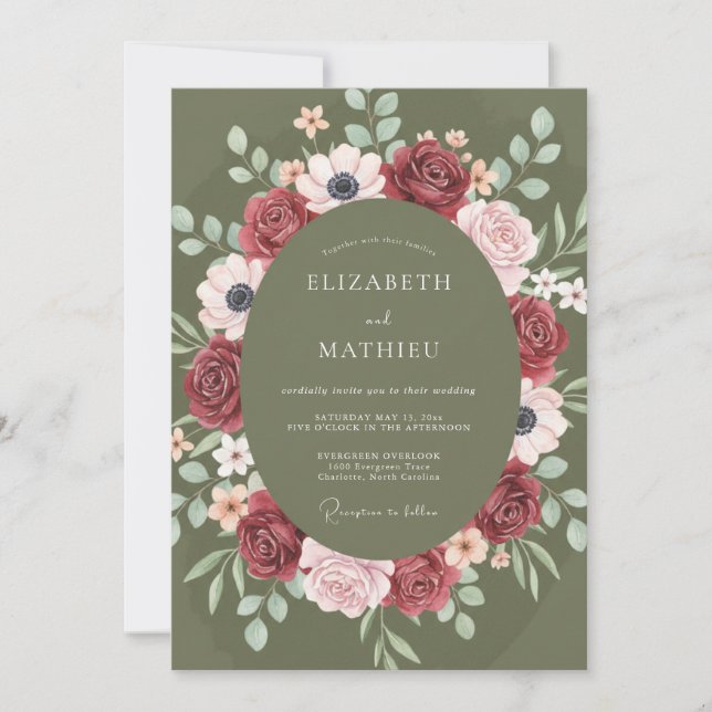 Invitation Mariage Floral Romantique Bourguignon en Fleur (Devant)