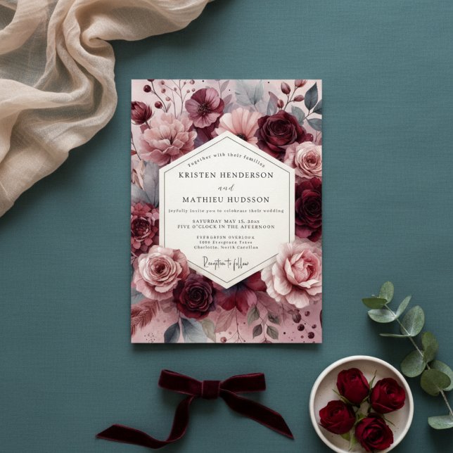Invitation Mariage Floral Romantique Bourguignon Triste (Créateur téléchargé)