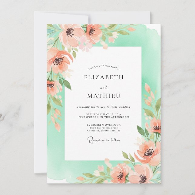 Invitation Mariage Floral Romantique Corail (Devant)
