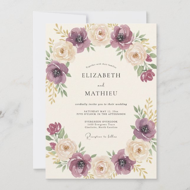 Invitation Mariage Floral Romantique Crème de Prune (Devant)