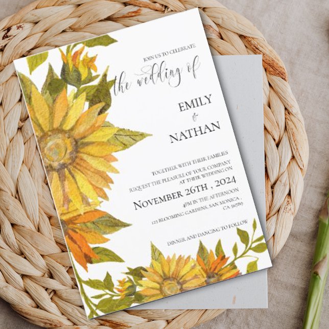 Invitation Mariage floral romantique de tournesol jaune (Romantic Yellow Sunflower Floral Wedding Invitation)