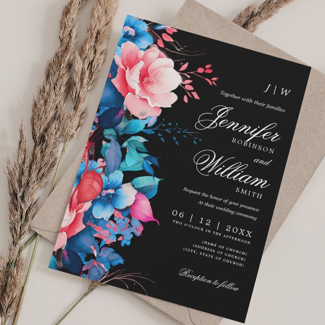 Invitation Mariage floral romantique Élégant Script Bleu Noir (Romantic Floral Wedding Elegant Script Blue Black Invitation)