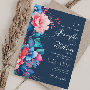 Invitation Mariage floral romantique Élégant Script Marine Bl