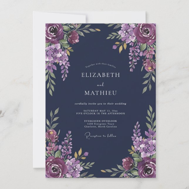 Invitation Mariage Floral Romantique en Prune Profond (Devant)