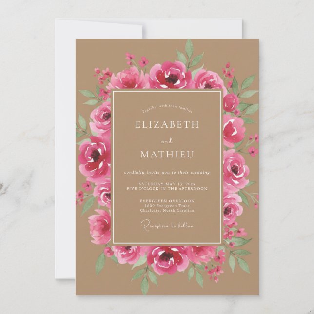 Invitation Mariage Floral Romantique Fuchsia (Devant)