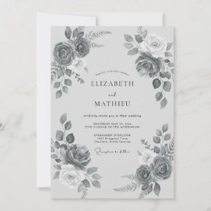 Invitation Mariage Floral Romantique Gris Ardoise