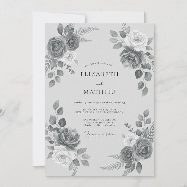 Invitation Mariage Floral Romantique Gris Ardoise (Devant)