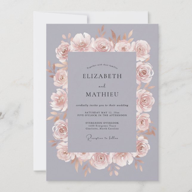 Invitation Mariage Floral Romantique Gris Ardoise (Devant)