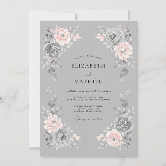 Invitation Mariage Floral Romantique Gris Rosé (Devant)