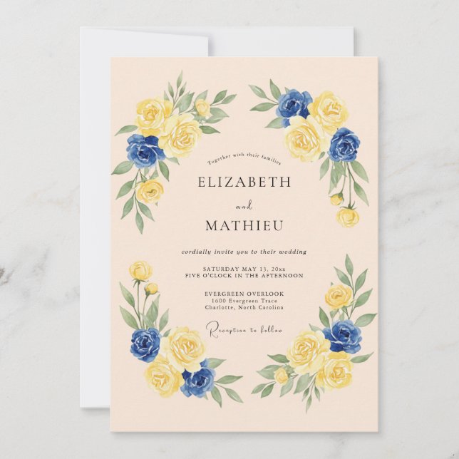 Invitation Mariage Floral Romantique Jaune Navy (Devant)
