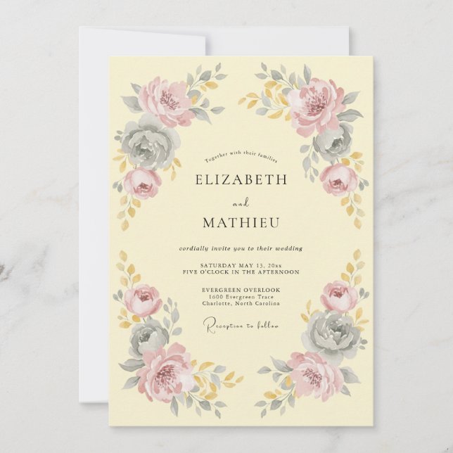 Invitation Mariage Floral Romantique Jaune Pâle (Devant)