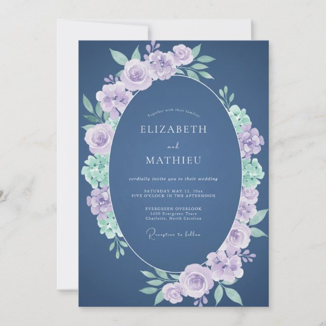 Invitation Mariage Floral Romantique Lavande Navy (Devant)