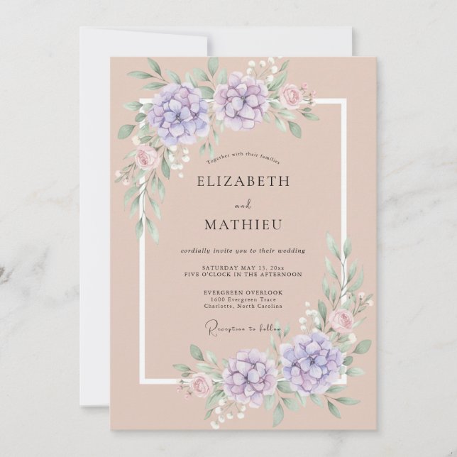 Invitation Mariage Floral Romantique Lavande Pêche (Devant)