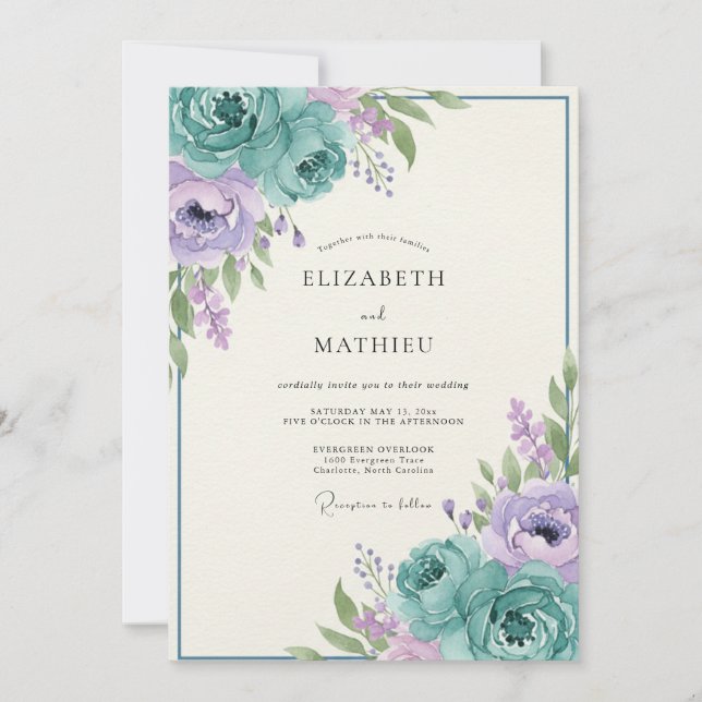 Invitation Mariage Floral Romantique Lavande Sarcelle (Devant)