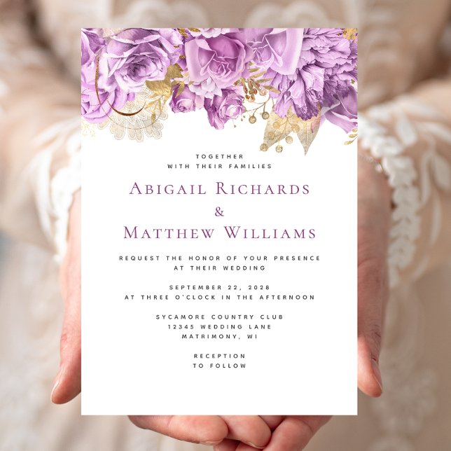 Invitation Mariage Floral Romantique Lilas Or (Créateur téléchargé)