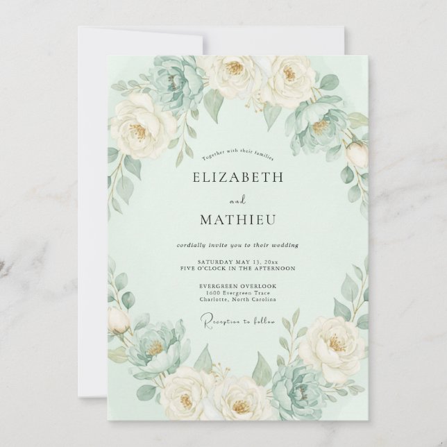 Invitation Mariage Floral Romantique Menthe (Devant)
