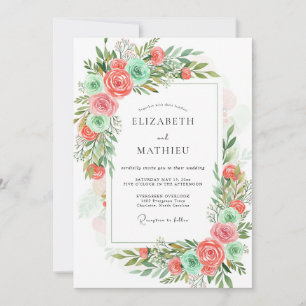 Invitation Mariage Floral Romantique Menthe Corail