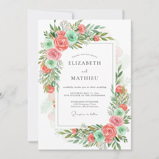 Invitation Mariage Floral Romantique Menthe Corail (Devant)