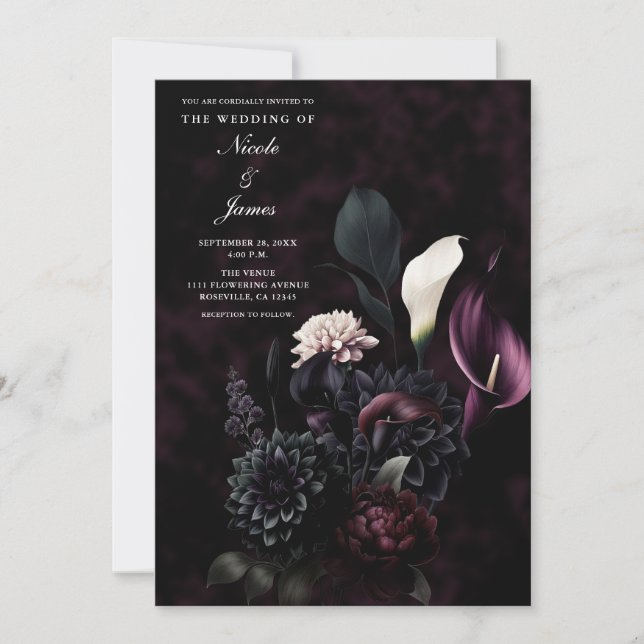 Invitation Mariage floral romantique Moody foncé (Devant)