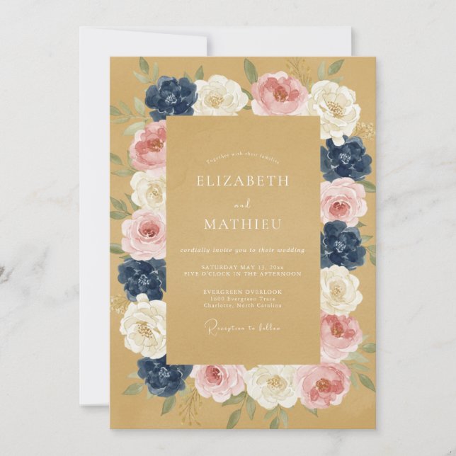 Invitation Mariage Floral Romantique Navy Or (Devant)