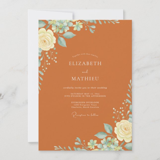 Invitation Mariage Floral Romantique Orange Brûlé (Devant)