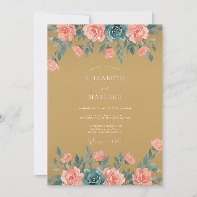 Invitation Mariage Floral Romantique Pêche Dorée (Devant)