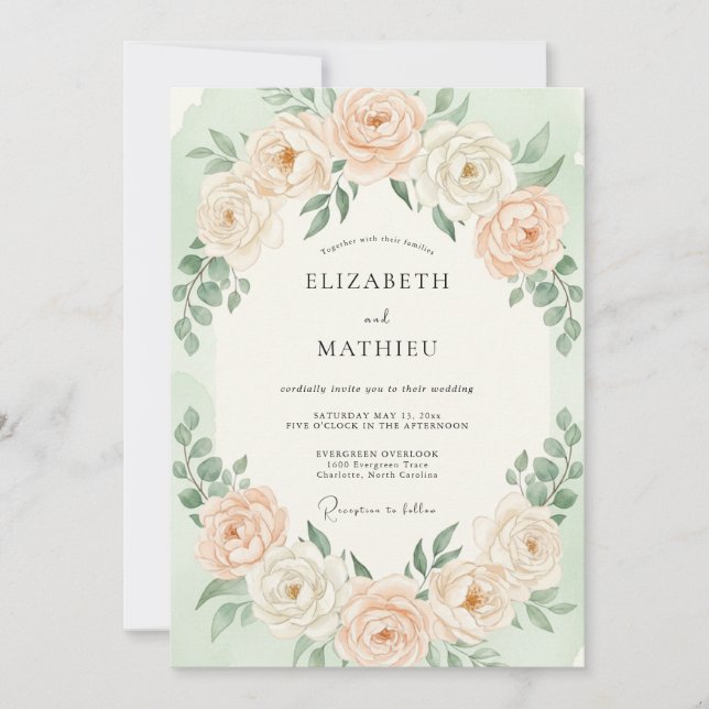 Invitation Mariage Floral Romantique Pêche Pâle (Devant)