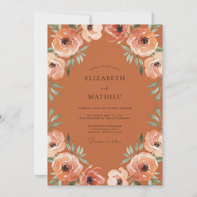 Invitation Mariage Floral Romantique Pêche Rouille (Devant)