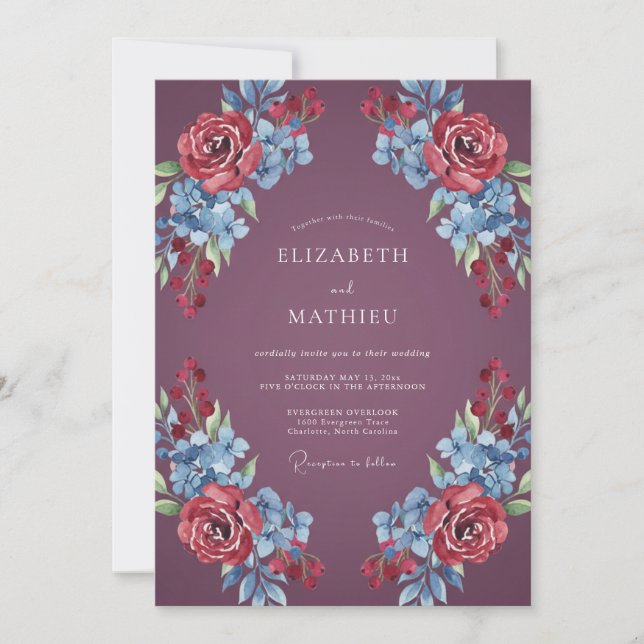 Invitation Mariage Floral Romantique Prune Profond (Devant)