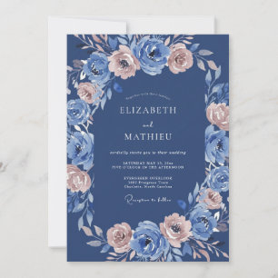 Invitation Mariage Floral Romantique Rose Bleu
