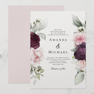 Invitation Mariage floral romantique rose et bordeaux