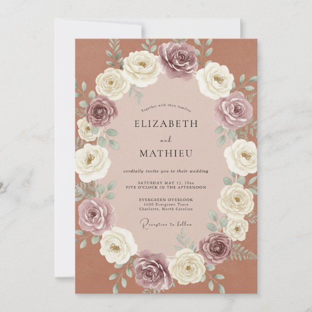Invitation Mariage Floral Romantique Rose Fardé (Devant)