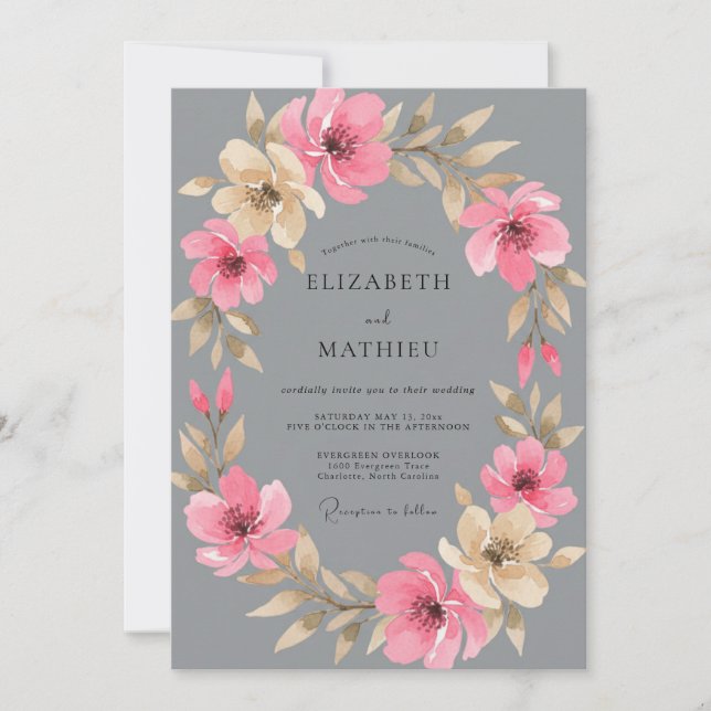 Invitation Mariage Floral Romantique Rose Gris (Devant)