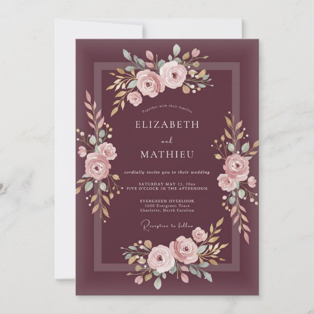 Invitation Mariage Floral Romantique Rose Plum (Devant)