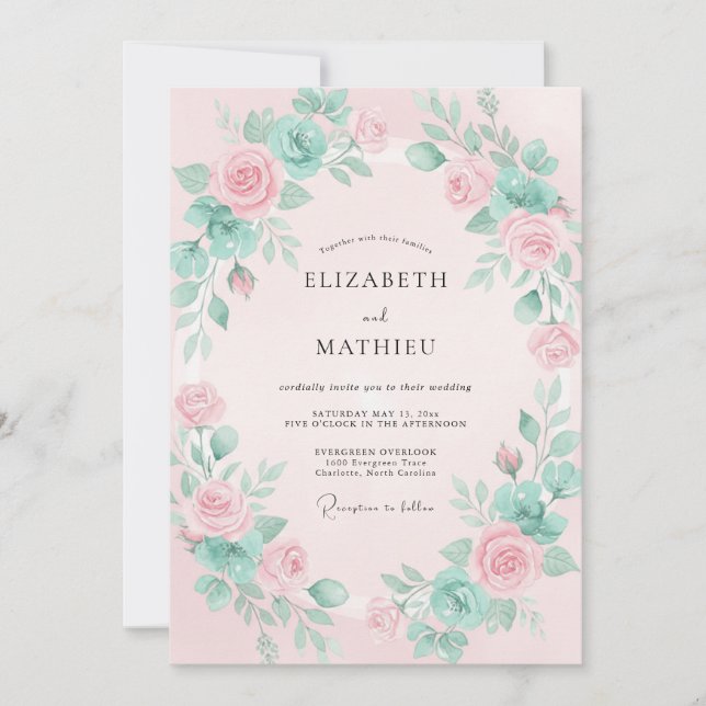 Invitation Mariage Floral Romantique Rose Teal (Devant)
