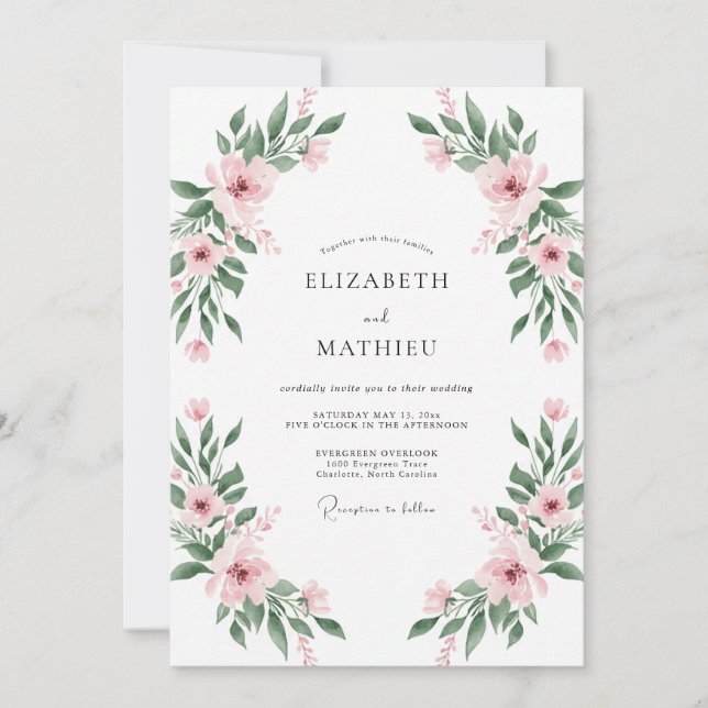 Invitation Mariage Floral Romantique Rose Tendre (Devant)