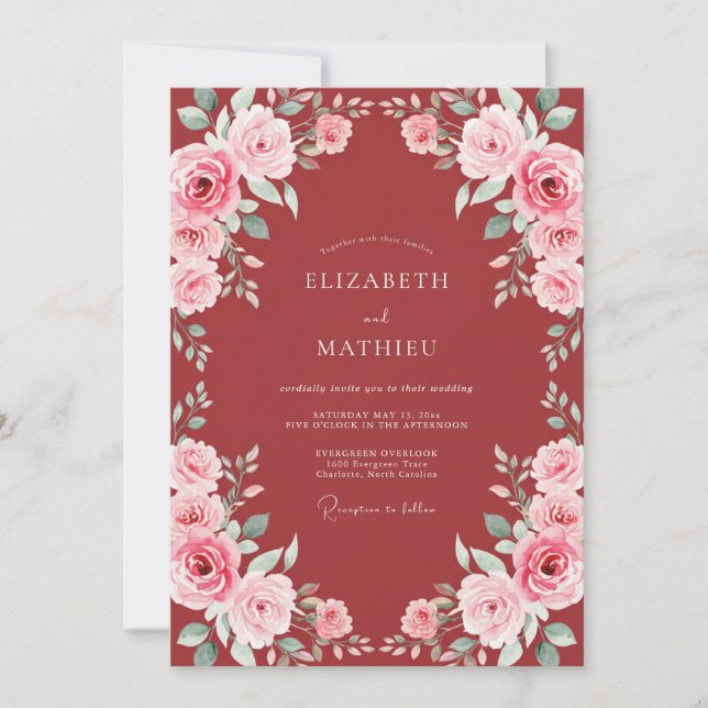 Invitation Mariage Floral Romantique Rouge (Devant)