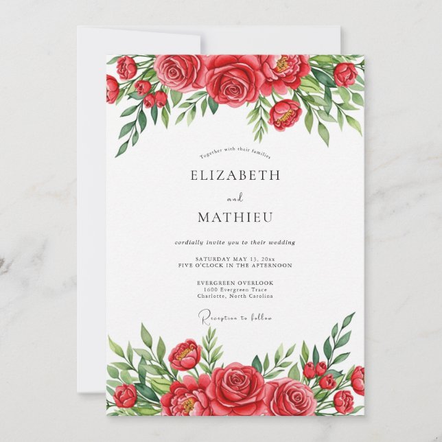 Invitation Mariage Floral Romantique Rouge Bloom (Devant)